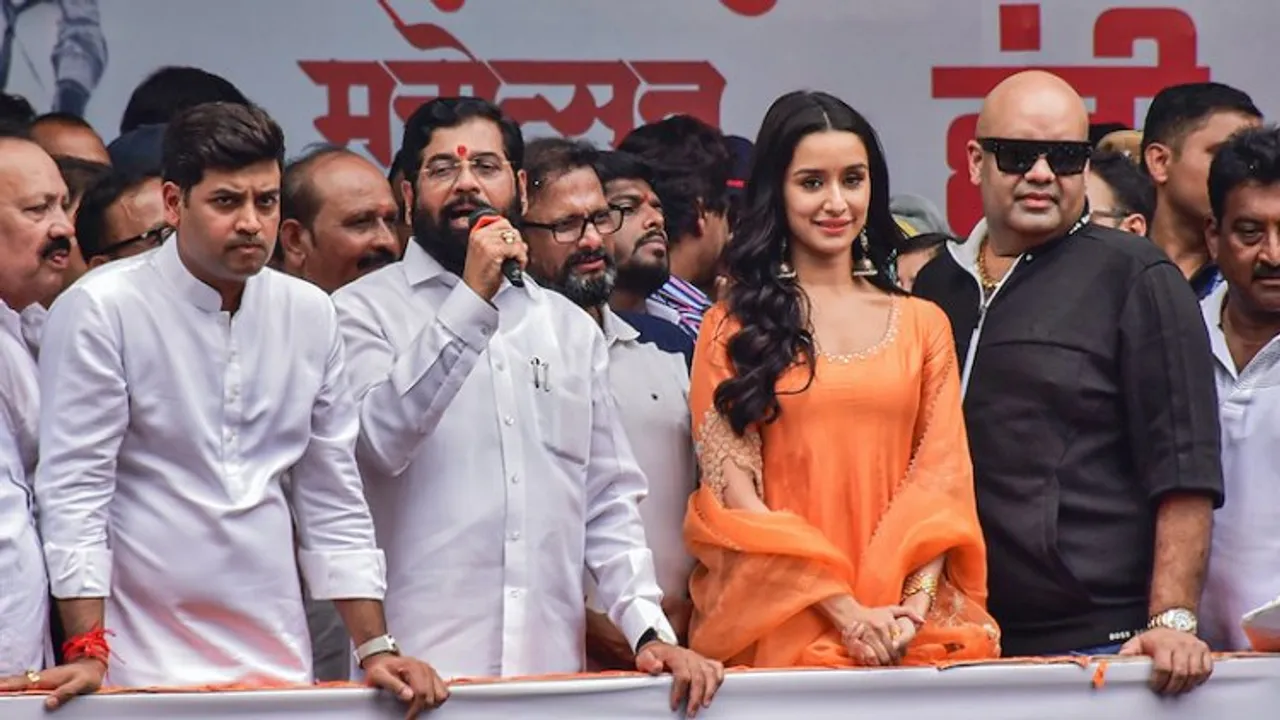 Maharashtra CM Eknath Shinde with Shradha Kapoor at a Dahi Handi in Mumbai