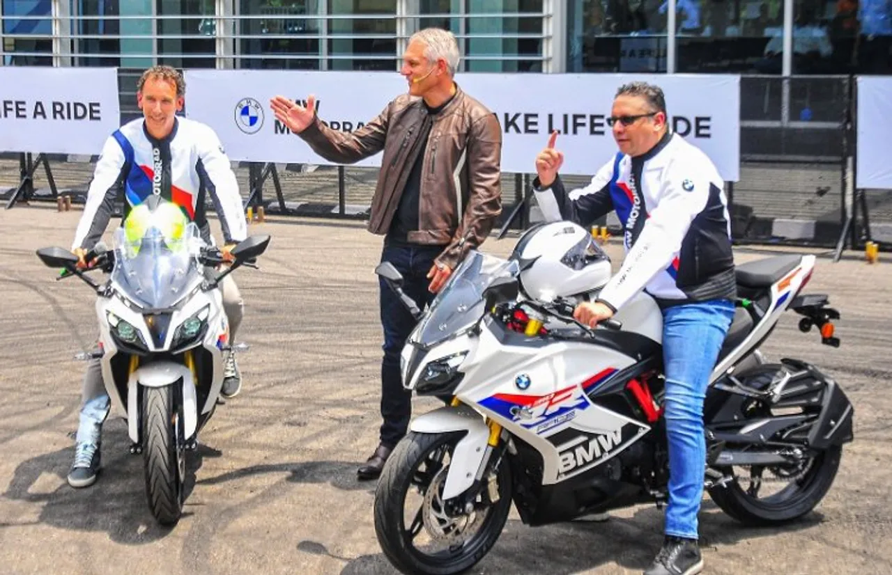  BMW Motorrad Asia, China, Pacific & Africa Head Markus Mueller-Zambre, BMW Motorrad Vice President of Customer, Brand, Sales Stephan Reiff and BMW Group India President Vikram Pawah during the launch of BMW G 310 RR bike, in Gurugram