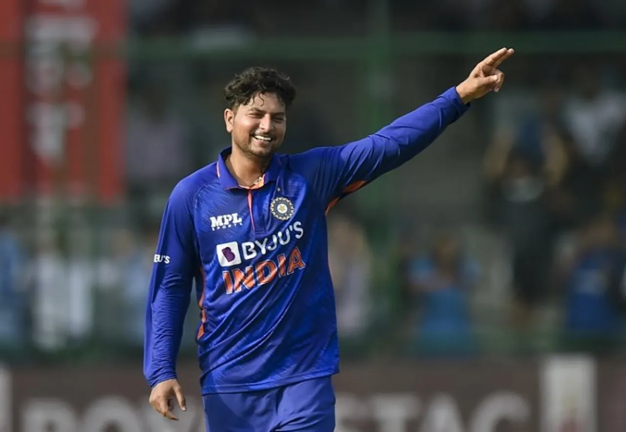 Indian bowler Kuldeep Yadav celebrates the wicket of Andile Phehlukwayo during the 3rd ODI cricket match between India and South Africa, at the Arun Jaitley Stadium in New Delhi