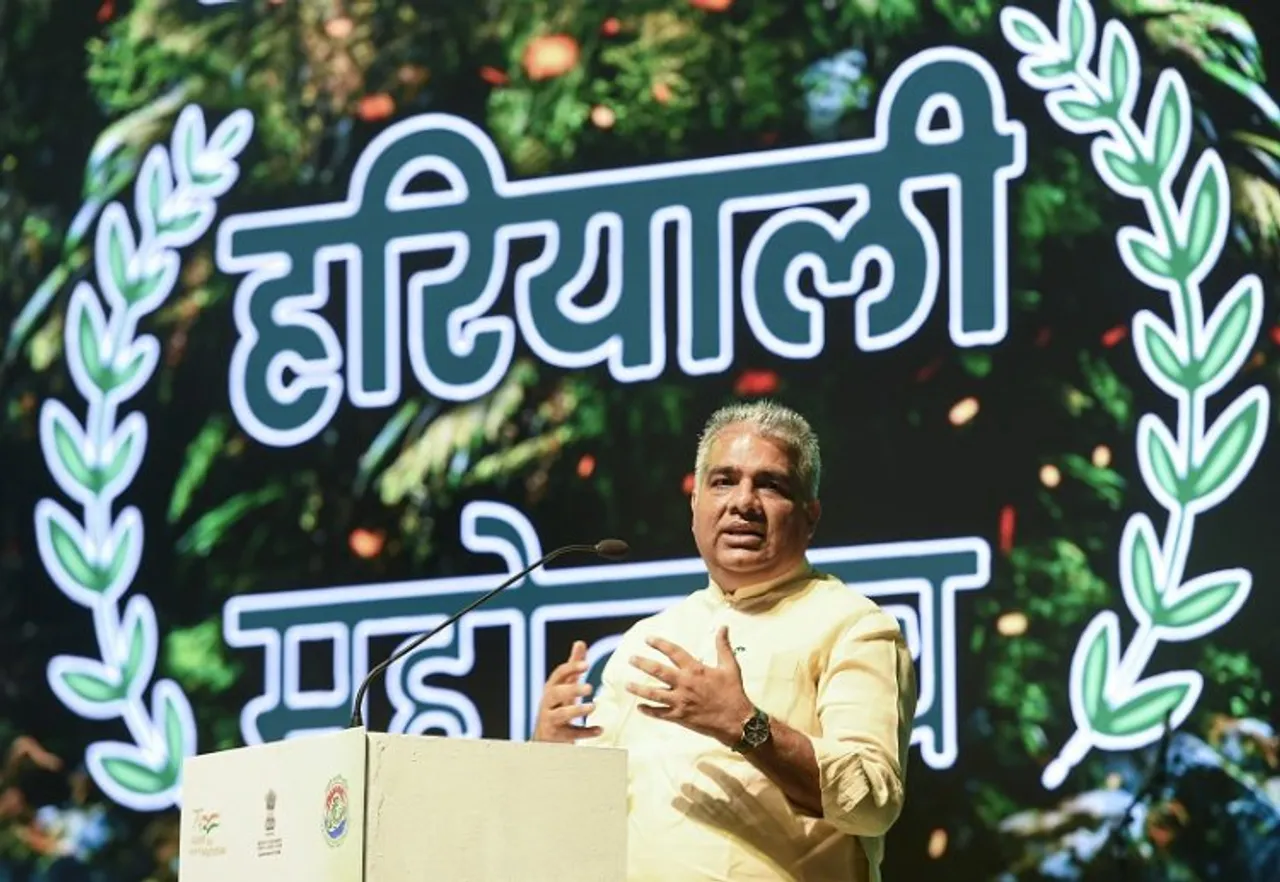 Union Minister Bhupender Yadav speaks during the Hariyali Mahotsav in New Delhi, Friday