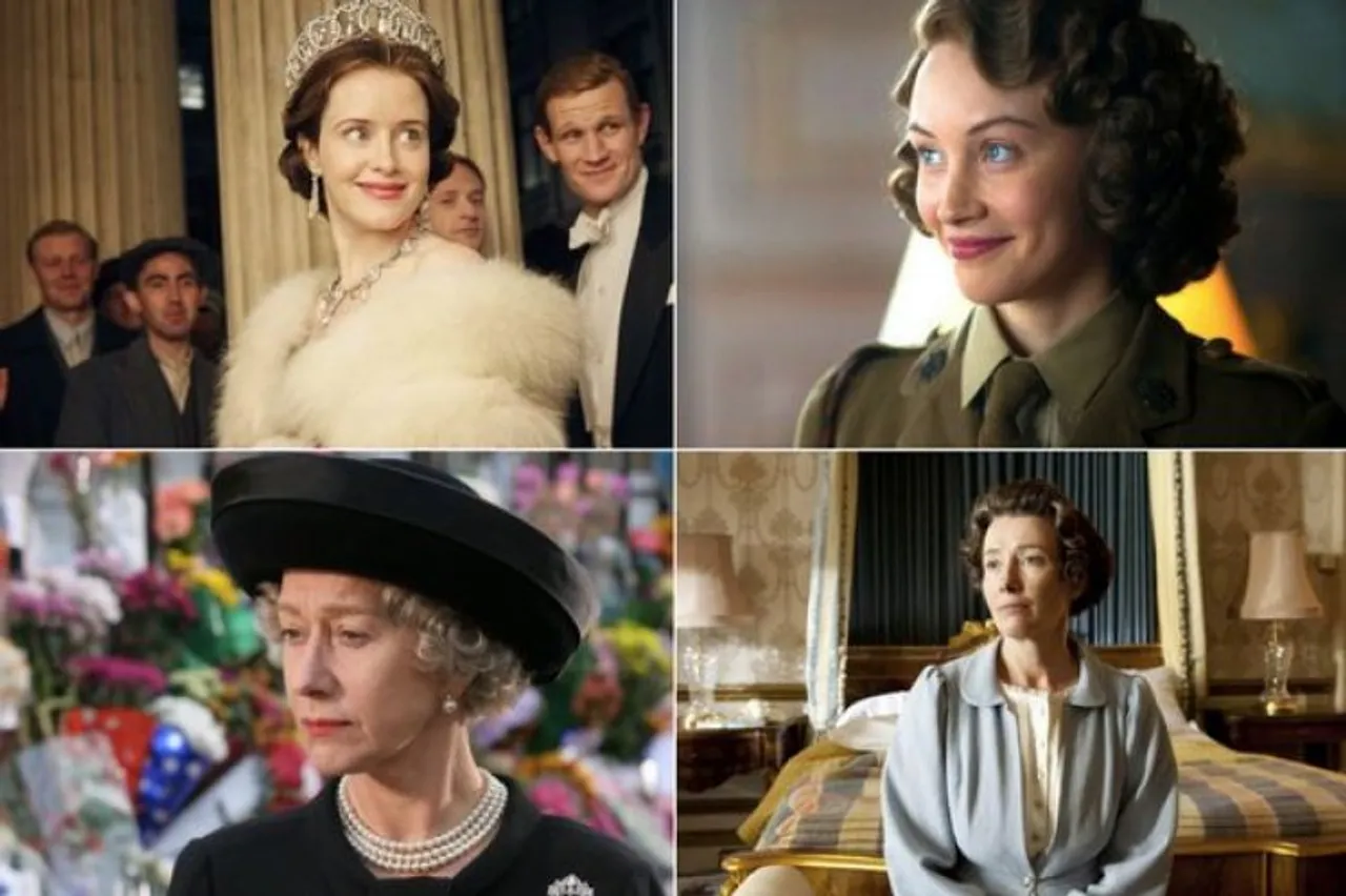 Movies and shows showcased the character of Queen Elizabeth II (top left) Claire Foy, The Crown, (Top right) Sarah Gadon, A Royal Night Out, (bottom right)  Emma Thompson, Walking the Dogs and (bottom left) Helen Mirren, The Queen