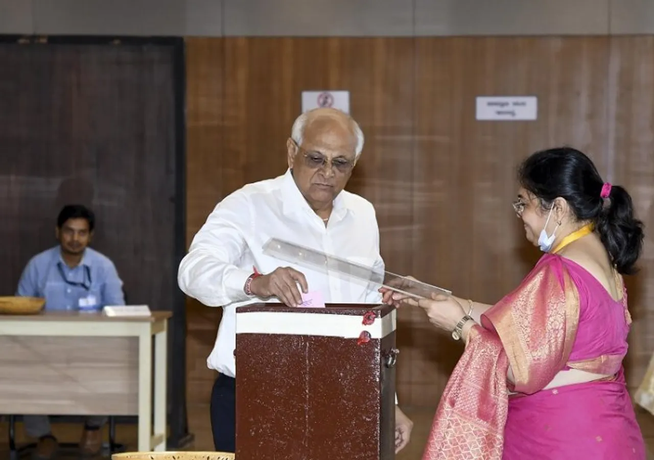 Gujarat Chief Minister Bhupendra Patel casts his vote for the election of the President, at the State Assembly, in Gandhinagar