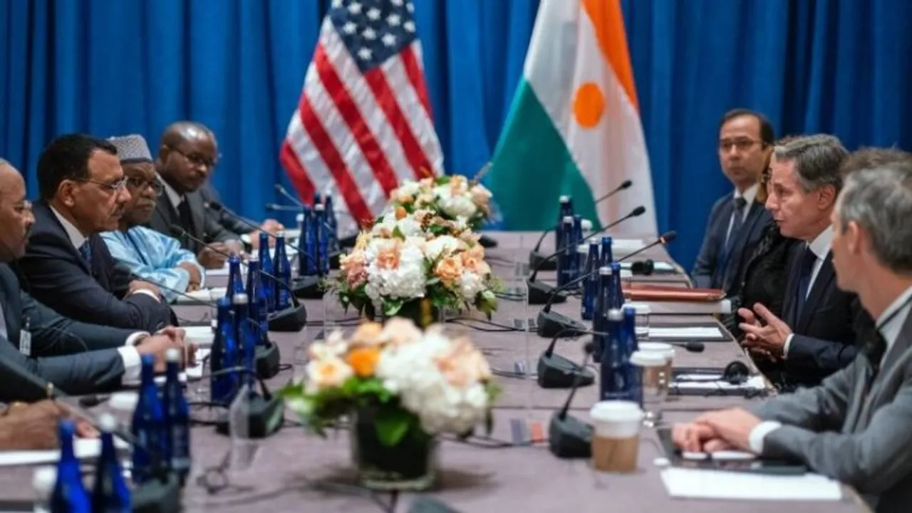 US Secretary of State Antony Blinken, center right, meets with Niger President Mohamed Bazoum, center left in New York