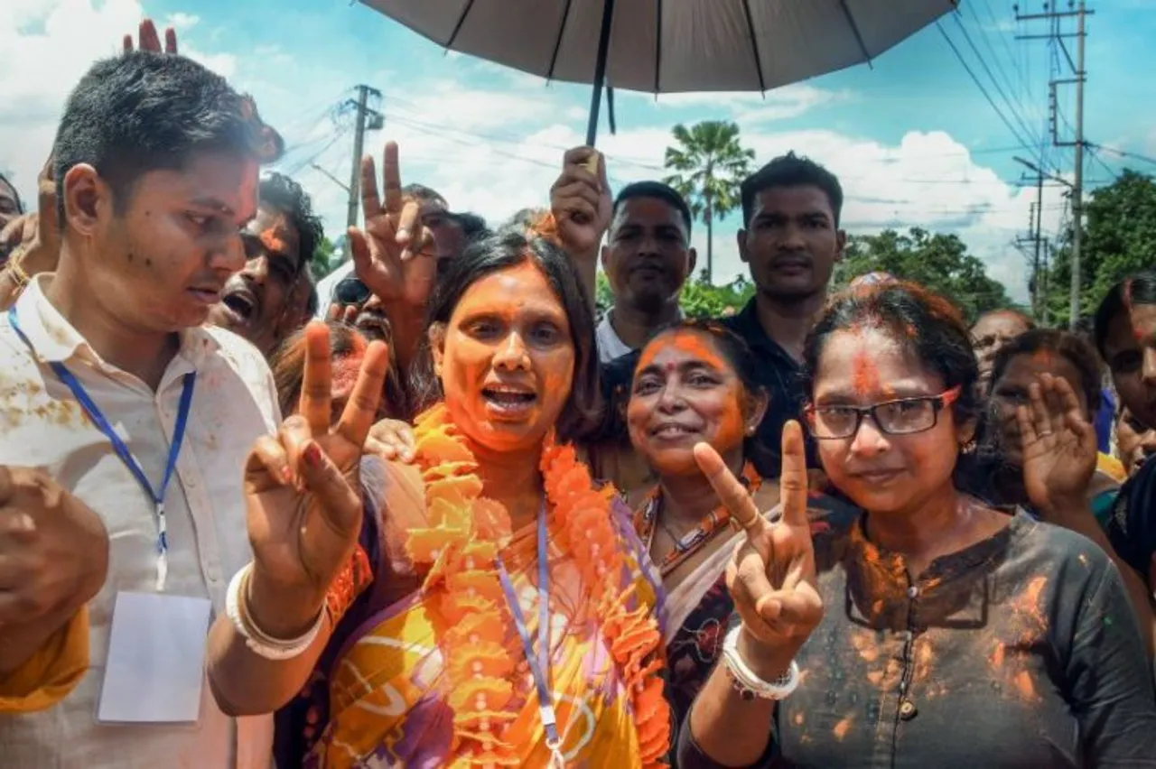 BJP Party workers celebrating by polls victory in Agartala