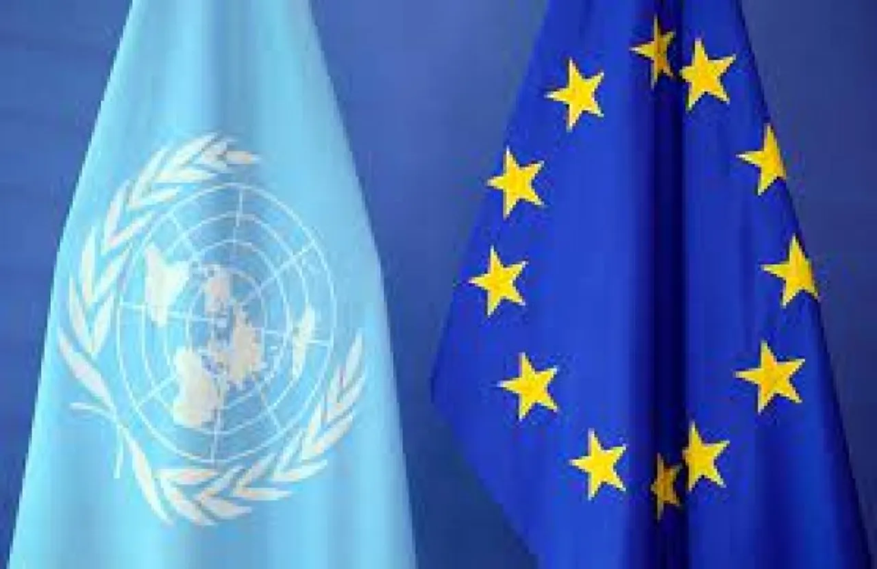 Flag of United Nations and European Union