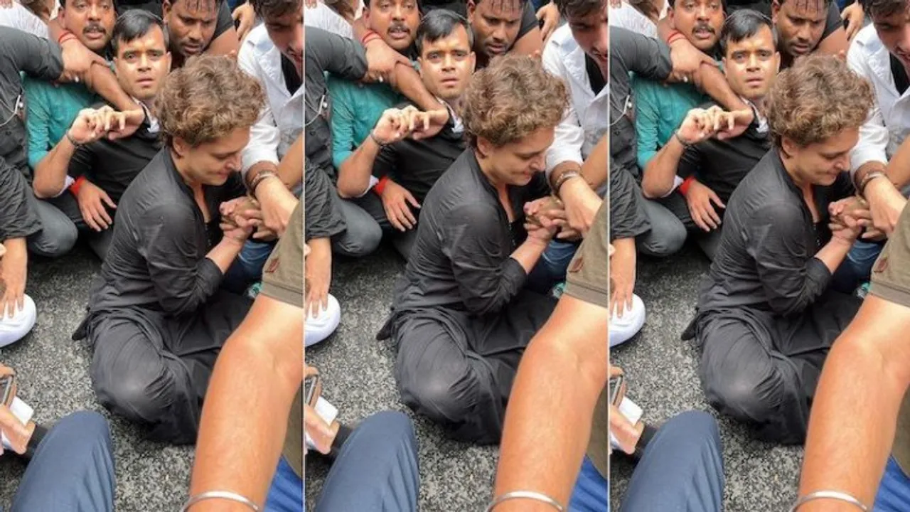 Priyanka Gandhi Vadra violently twisting Delhi Police lady officer's hand