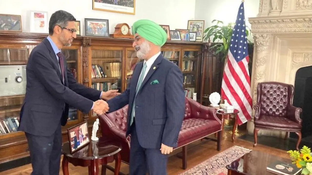 Google CEO Sundar Pichai with Indian ambassador Taranjit Singh Sandhu