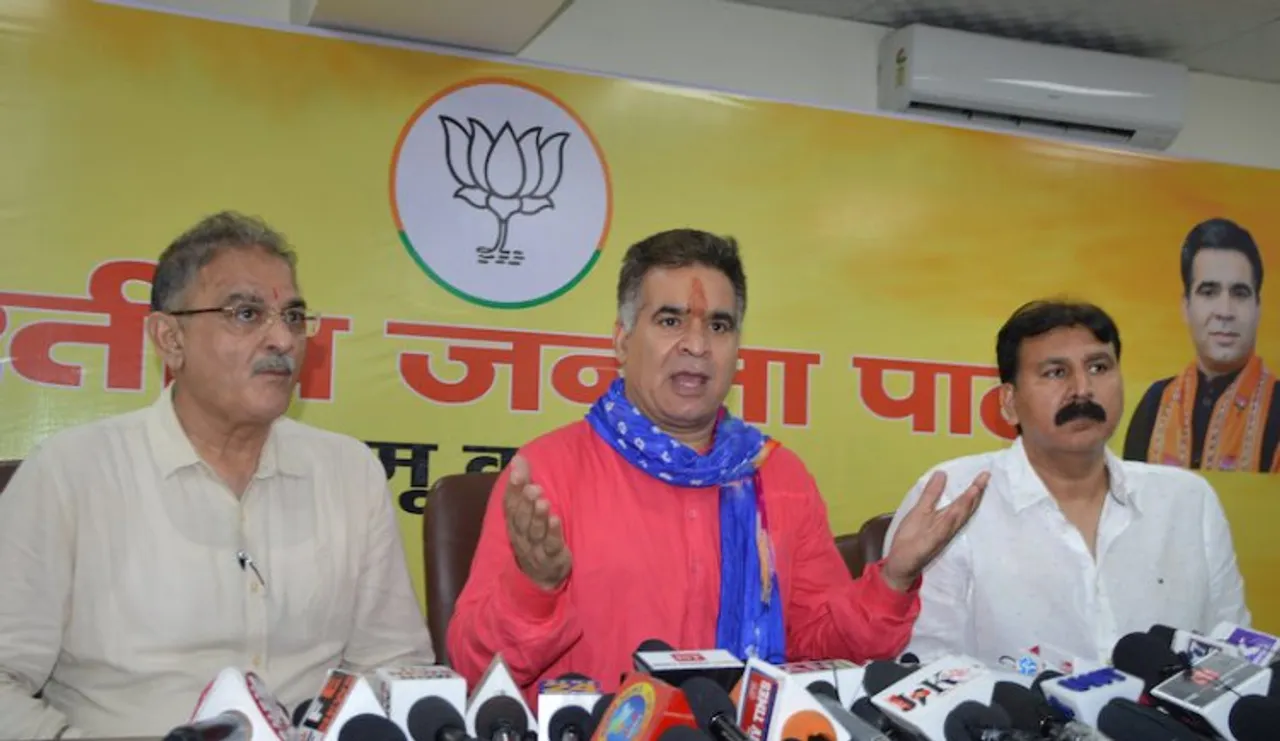 J & K BJP President Ravinder Raina addresses a press conference, at the party office, in Jammu, Tuesday, July 5, 2022.