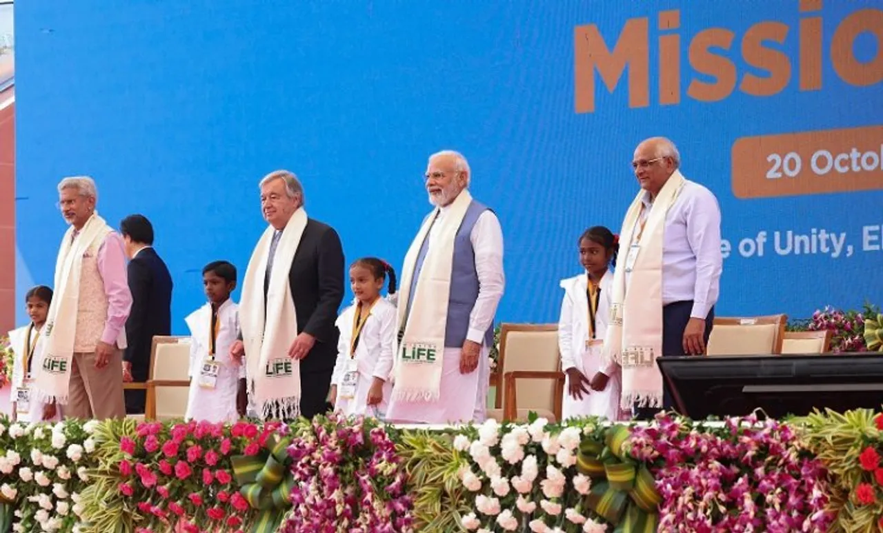 Prime Minister Narendra Modi and United Nation Secretary-General Antonio Guterres during the global launch of Mission LiFE at the Statue of Unity, in Kevadia