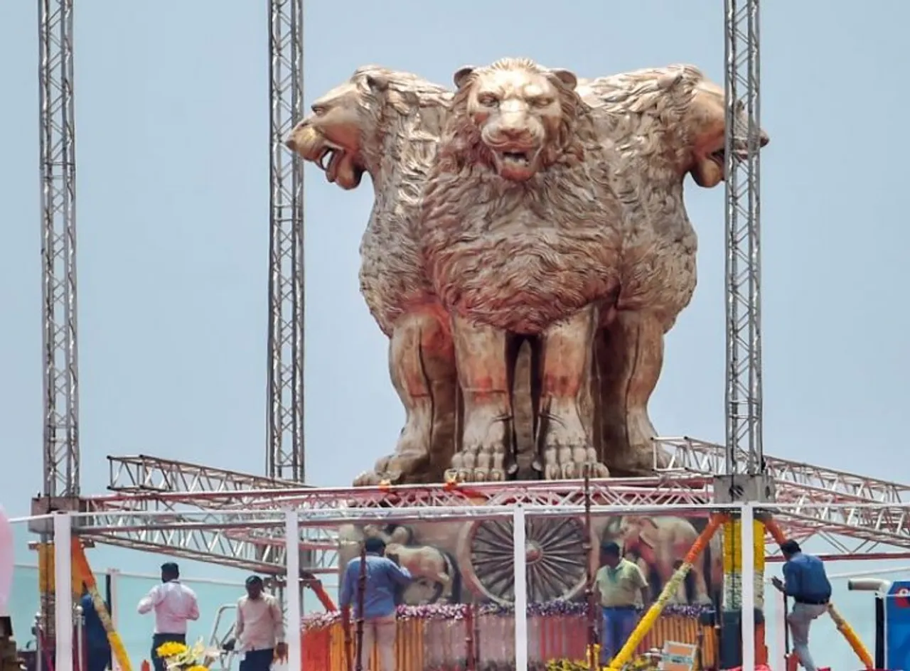 View of the national emblem, which was unveiled by Prime Minister Narendra Modi cast on the roof of New Parliament House building, in New Delhi, Monday, July 11