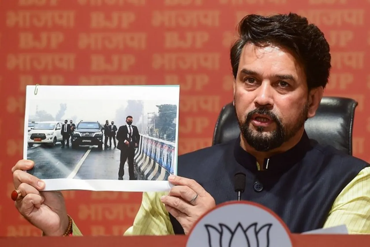 Union Minister for Information & Broadcasting and BJP leader Anurag Thakur addresses a press conference, at BJP Headquarters in New Delhi