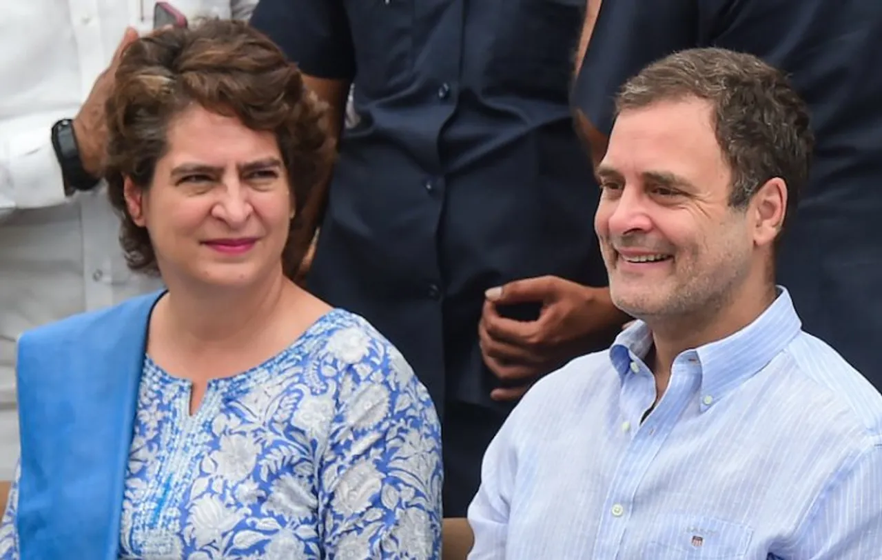 Rahul Gandhi with Priyanka Gandhi Vadra at the AICC headquarters before leaving for the ED office on Tuesday