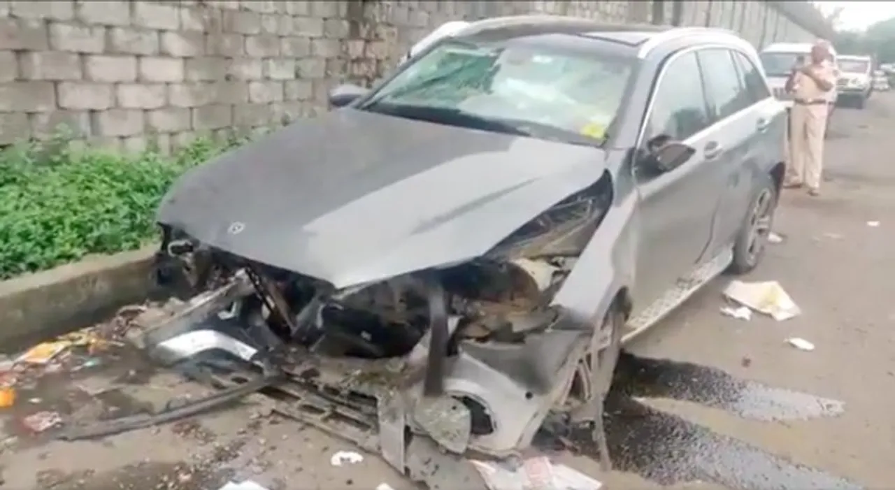 The damaged car which was carrying Cyrus Mistry from Mumbai to Ahmedabad