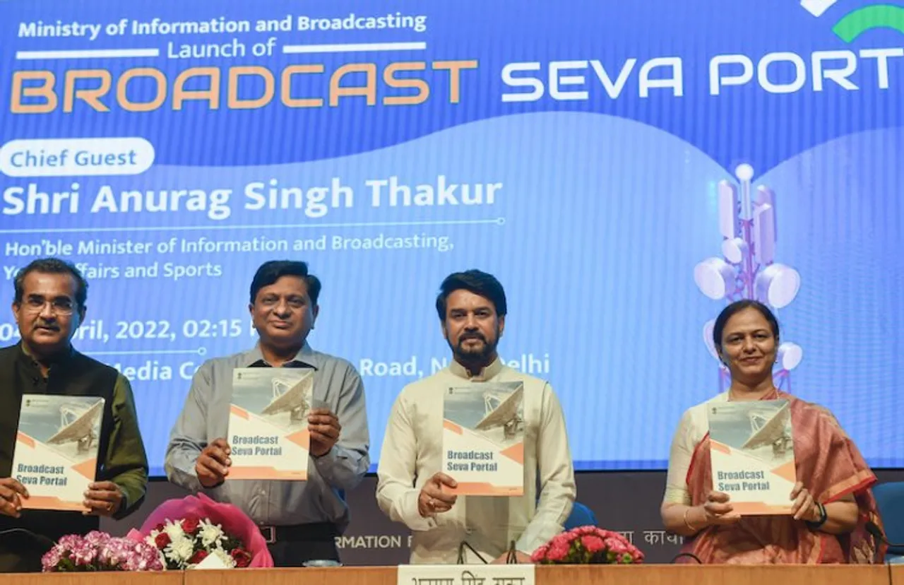 (L-R) Joint Secretary Vikram Sahay, Secretary Apurva Chandra, Union Minister Anurag Thakur and Additional Secretary Neerja Sekhar at the launch of Broadcast Seva Portal