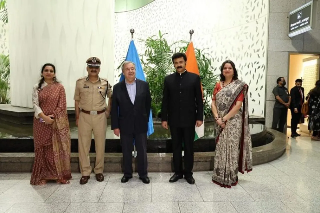United Nations Secretary-General Antonio Guterres being welcomed on his arrival in Mumbai