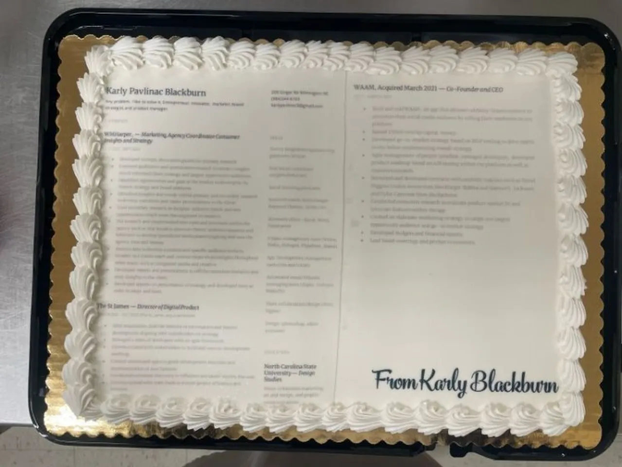 Karly Pavlinac Blackburn printed resume on the cake