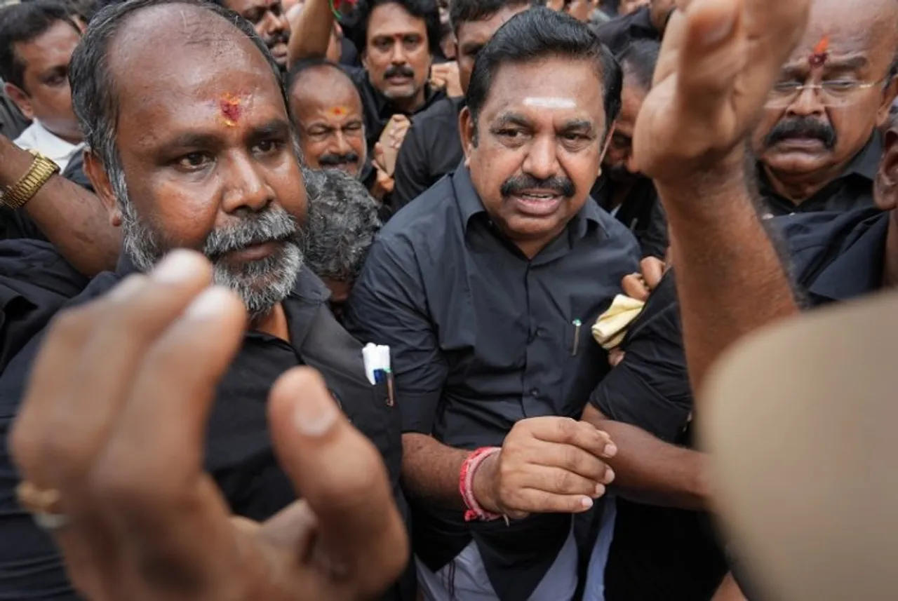 Police personnel detain AIADMK interim General Secretary Edappadi K Palaniswami and party leaders during a protest against Tamil Nadu Assembly Speaker Appavu, at Valluvarkottam in Chennai
