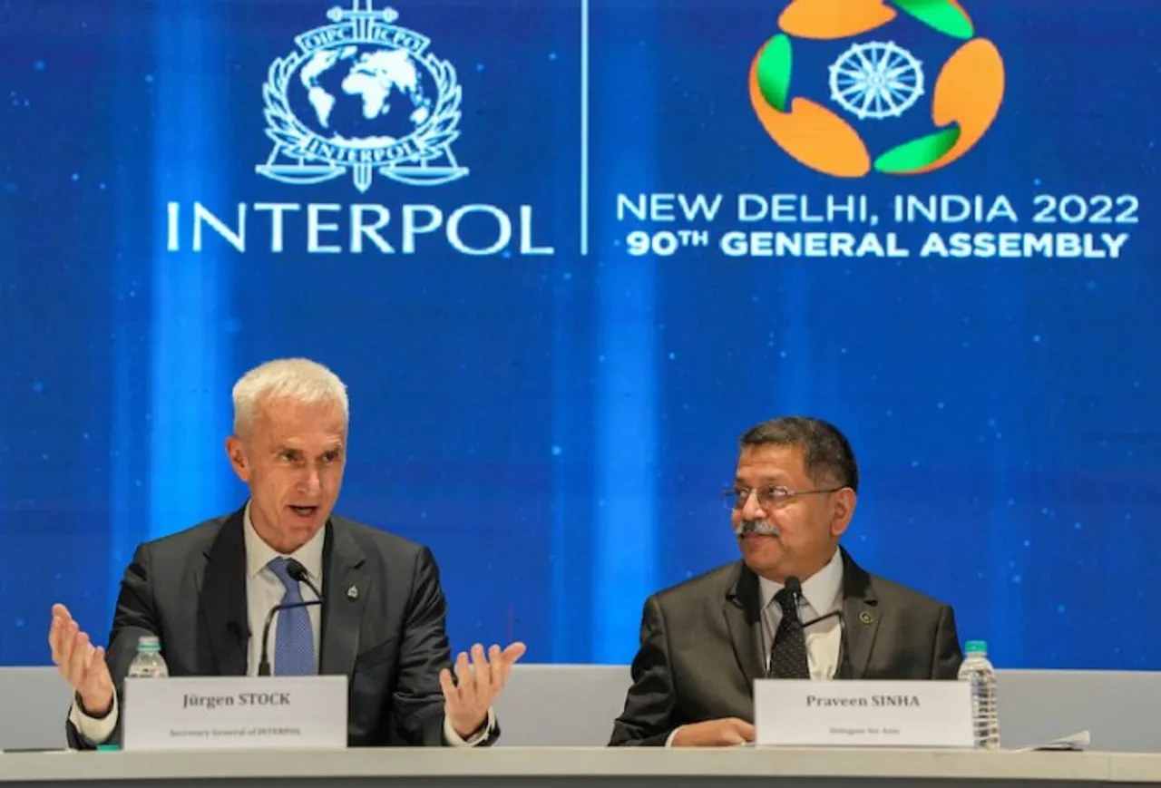 Jurgen Stock, Secretary General, Interpol and Praveen Sinha, Special Director, CBI, address a press conference ahead of the 90th General Assembly of INTERPOL, to be held Oct 18-21 in New Delhi on Monday