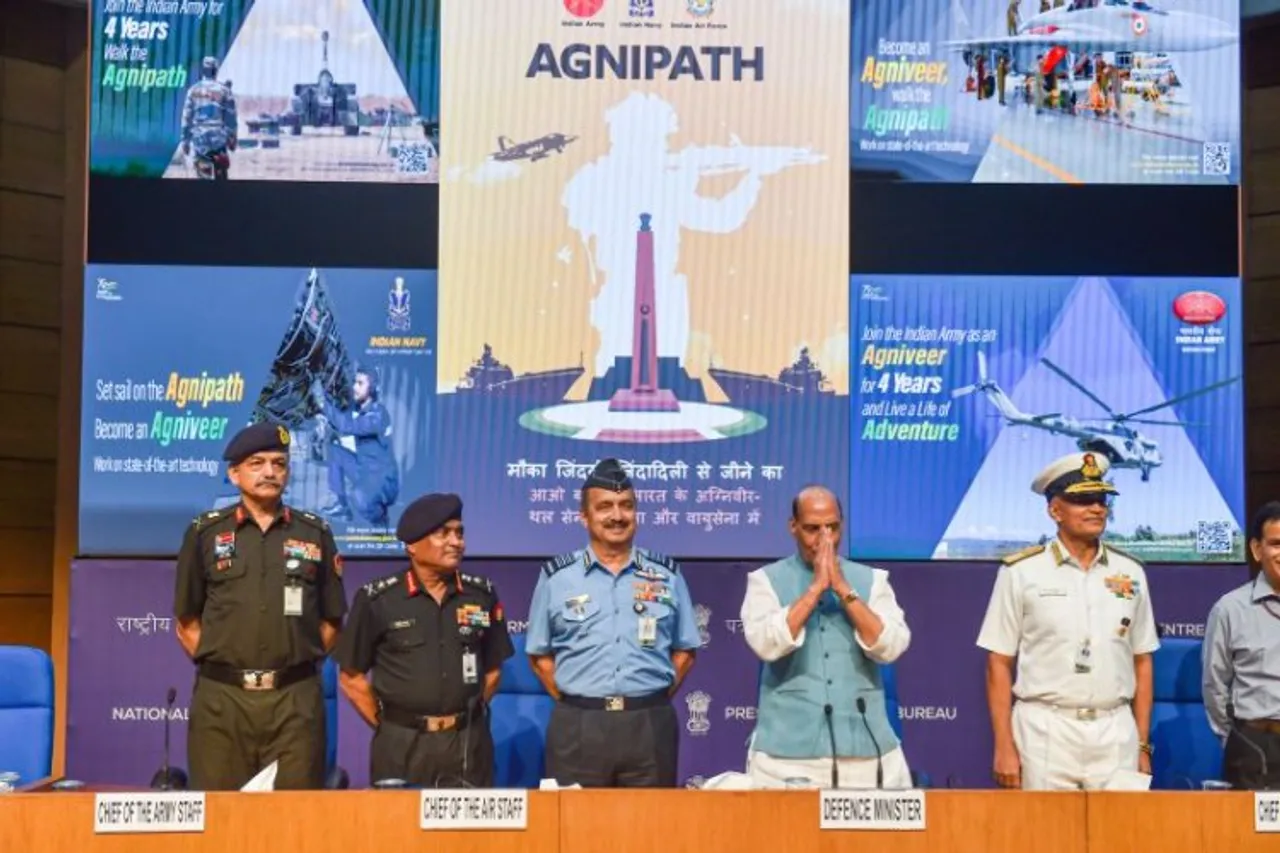 Union Defence Minister Rajnath Singh with three services chiefsÂ General Manoj Pande (Army), Air Chief Marshal VR Chaudhari and Admiral R Hari Kumar (Navy) during a press conference at National Media CenterÂ in New Delhi on Tuesday