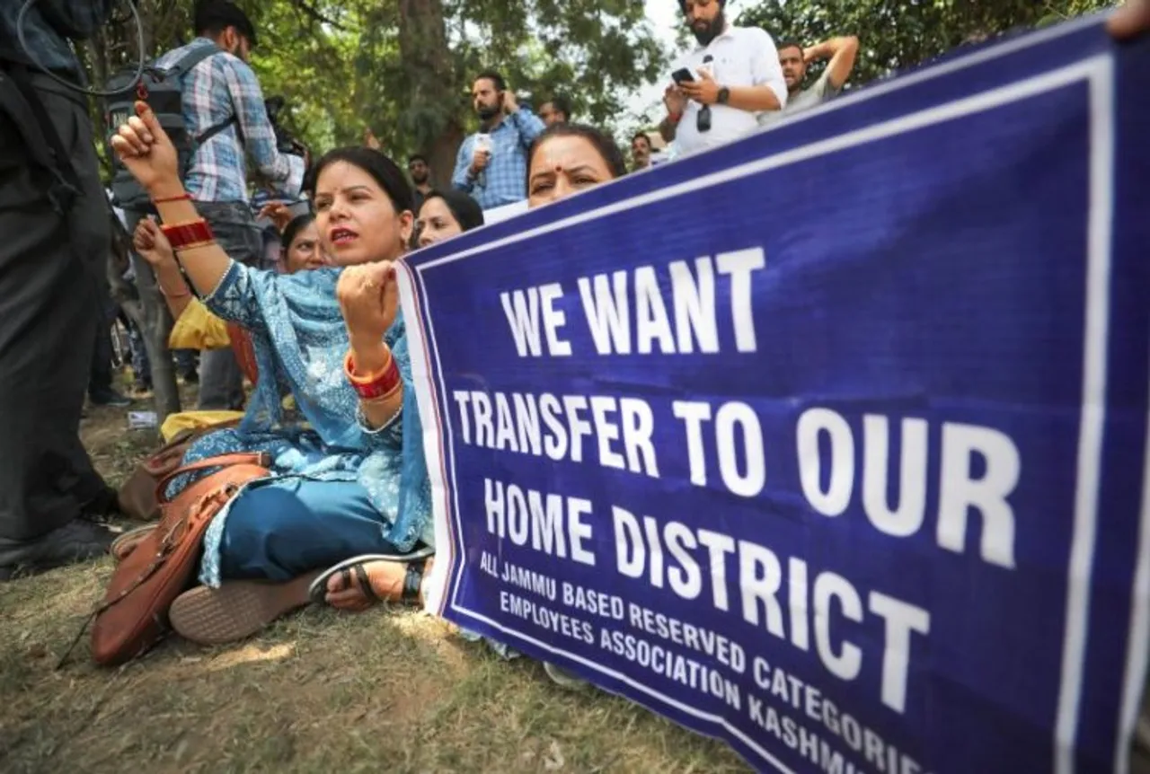 Kashmiri Pandits protesting against targeted killing in the valley, seeking transfer to Home districts