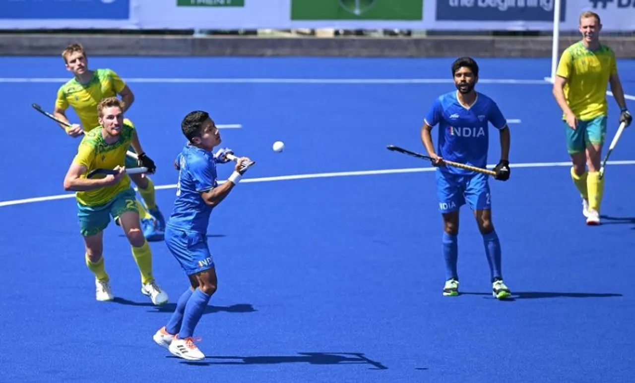  Indias Nilakanta Sharma controls the ball during the mens hockey final match between India and Australia, at the Commonwealth Games 2022