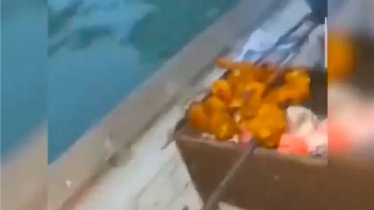 Videograb of people cooking non-vegetarian food and smoking hookah during Ganga boat ride