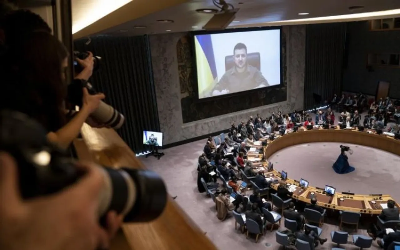 Ukrainian President Volodymyr Zelenskyy speaks via remote feed during a meeting of the UN Security Council at United Nations headquarters, in New York on April 5, 2022.