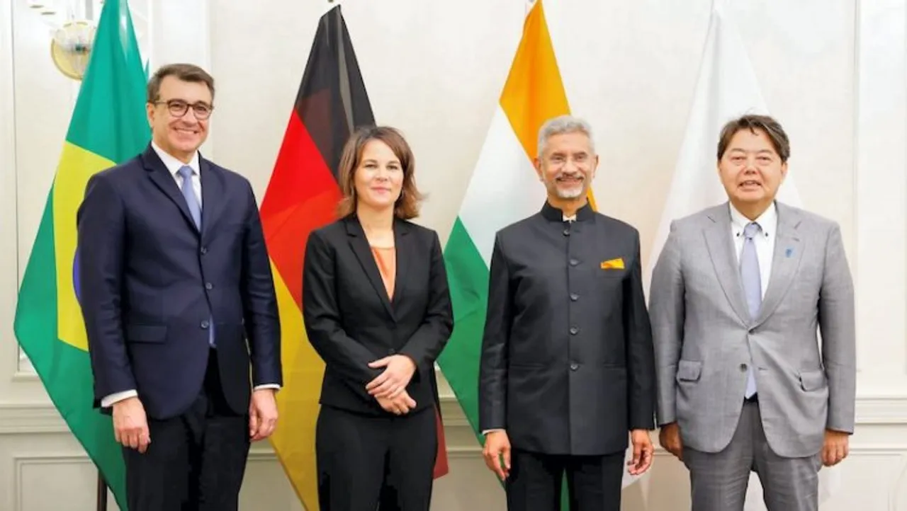 External Affairs Minister S. Jaishankar with Minister of Foreign Affairs of Brazil Carlos FranÃ§a, Minister of Foreign Affairs of Germany Annalena Baerbock and Minister of Foreign Affairs of Japan Yoshimasa Hayashi during the G-4 meeting of Foreign Ministers, in USA.