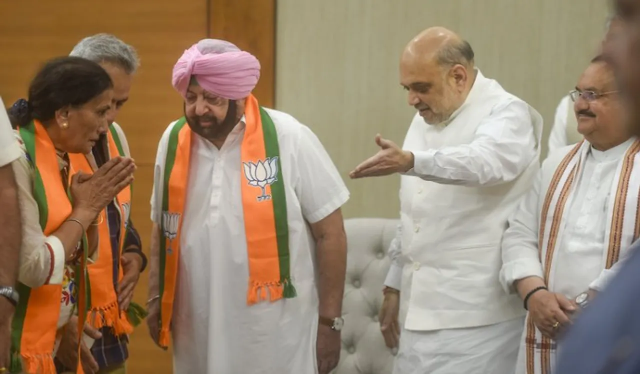 Former Punjab CM Amarinder Singh meets Union Home Minister Amit Shah and BJP National President JP Nadda after joining the Bharatiya Janata Party, at BJP Headquarters in New Delhi, Monday