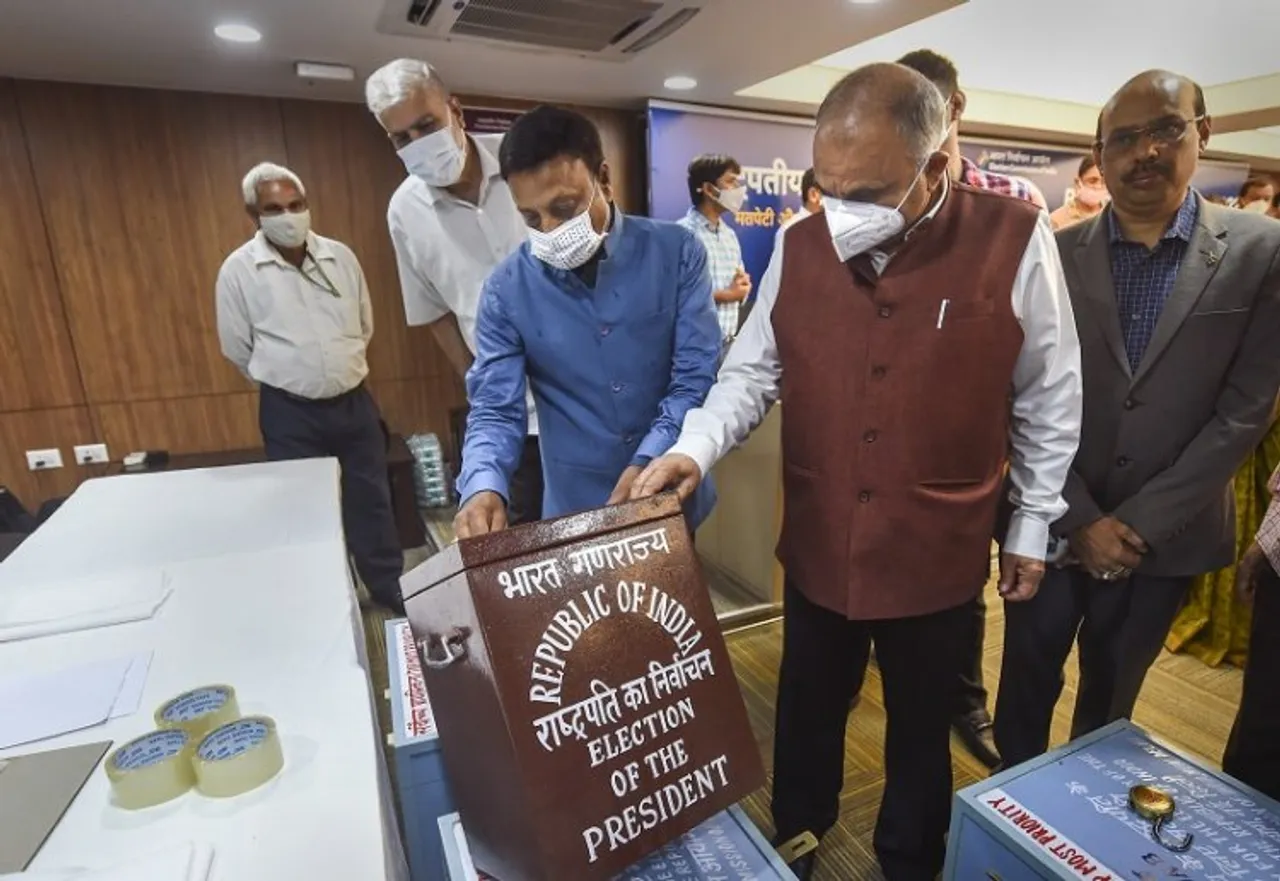 Election Commissioner Anup Chandra Pandey and Chief Election Commissioner Rajiv Kumar inspect election materials for the 16th Presidential elections before their dispatch and distribution, in New Delhi