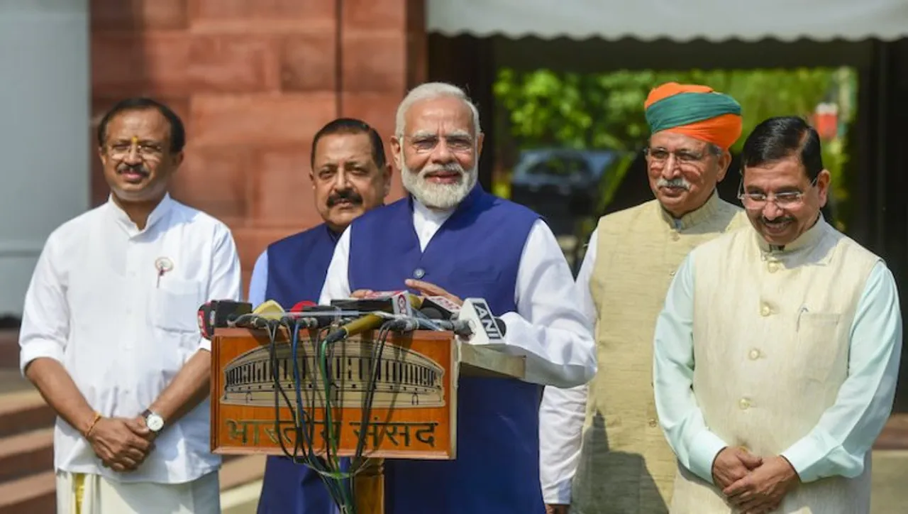 PM Modi speaking with reporters before Monsoon session of parliament on Monday