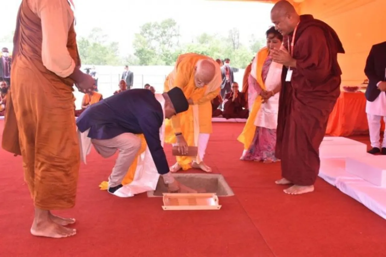 PM Modi laying foundation stone for the India International Centre for Buddhist Culture and Heritage in the Lumbini Monastic Zone