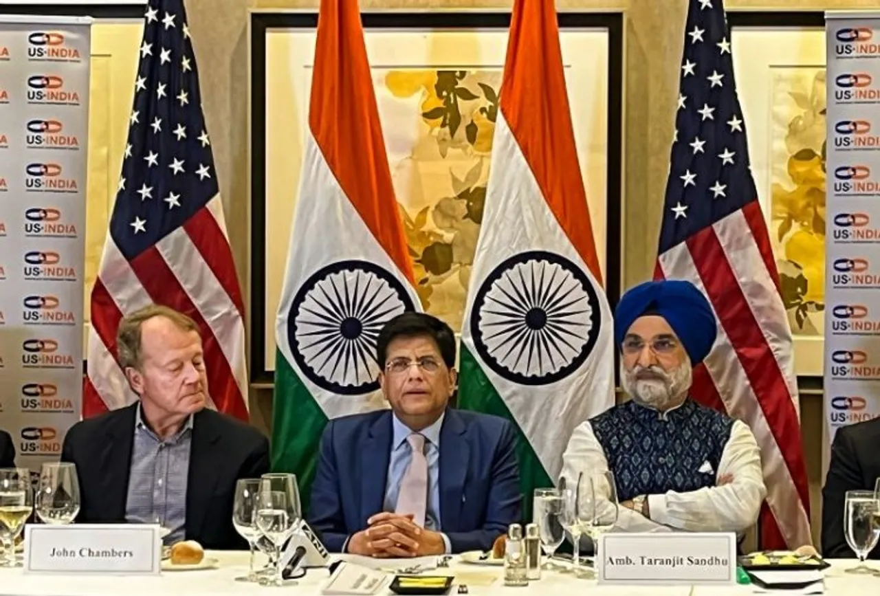 Commerce and Industry Minister Piyush Goyal speaks at a luncheon interaction with the Institute of Chartered Accountants of India (ICAI), in San Francisco. Taranjit Singh Sandhu, Indian Ambassador to the US is also seen