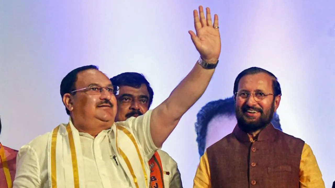 BJP National President JP Nadda with party MP Prakash Javadekar during a meeting of Booth Presidents and district level Booth-in-Charges in Thiruvananthapuram on Monday