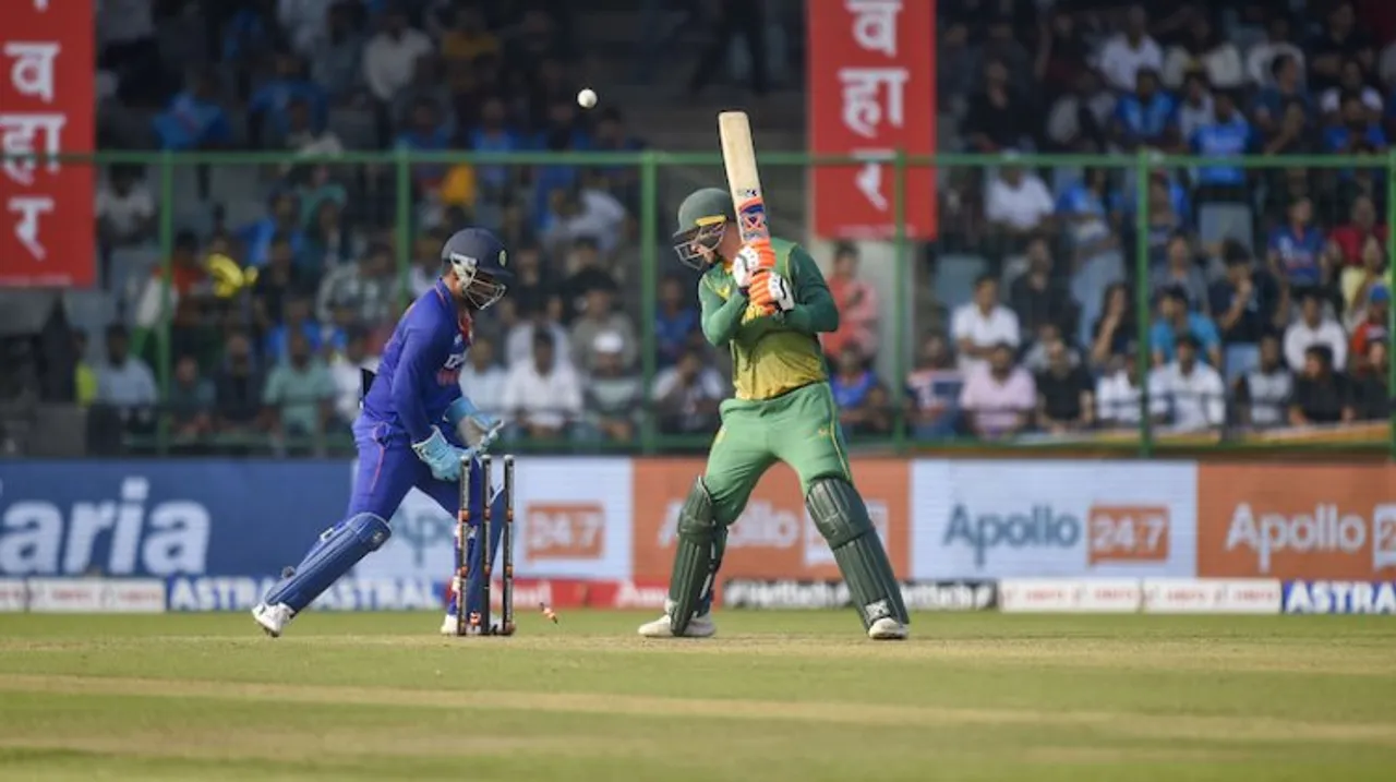 South Africa's batter Heinrich Klaasen is bowled out during the 3rd ODI cricket match between India and South Africa, at the Arun Jaitley Stadium in New Delhi, Tuesday