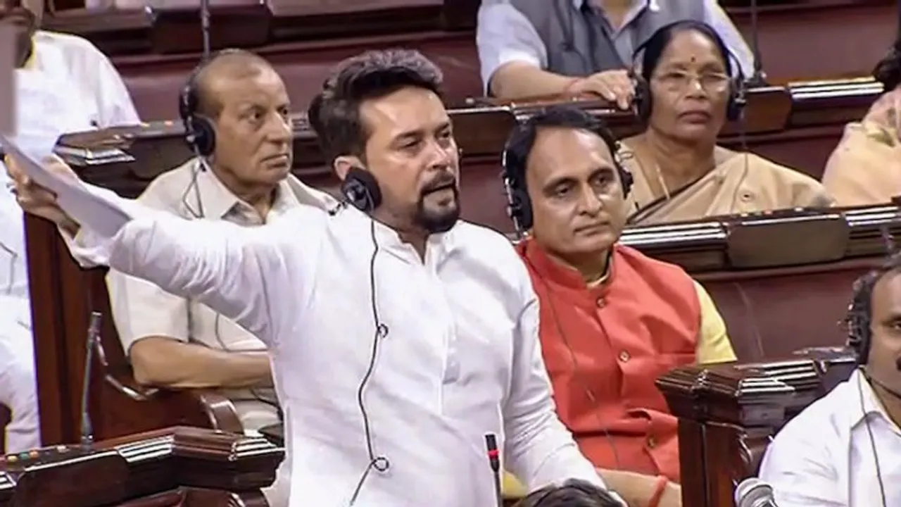 Union Minister for Information and Broadcasting Anurag Thakur speaks in the Rajya Sabha during ongoing Monsoon Session of Parliament, in New Delhi, Thursday
