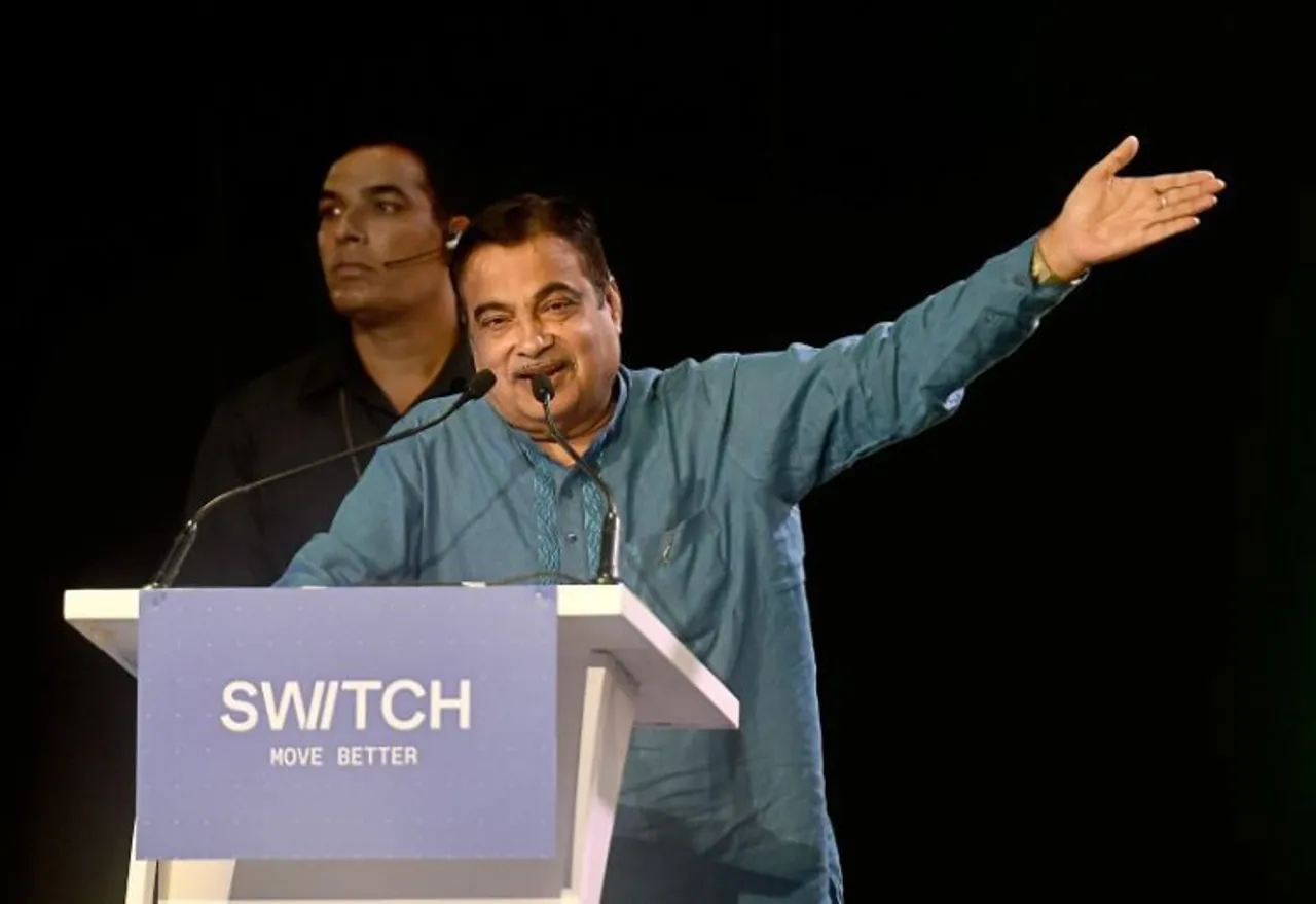 Transport Minister Nitin Gadkari speaks during unveiling of India's first double decker AC electric bus 