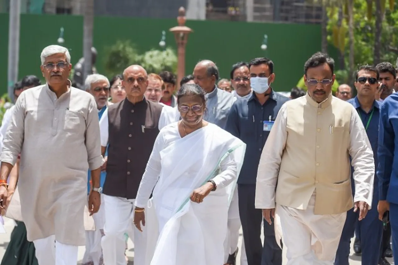 NDAs Presidential candidate Droupadi Murmu arrives at Parliament House ahead of filing her nomination papers, in New Delhi