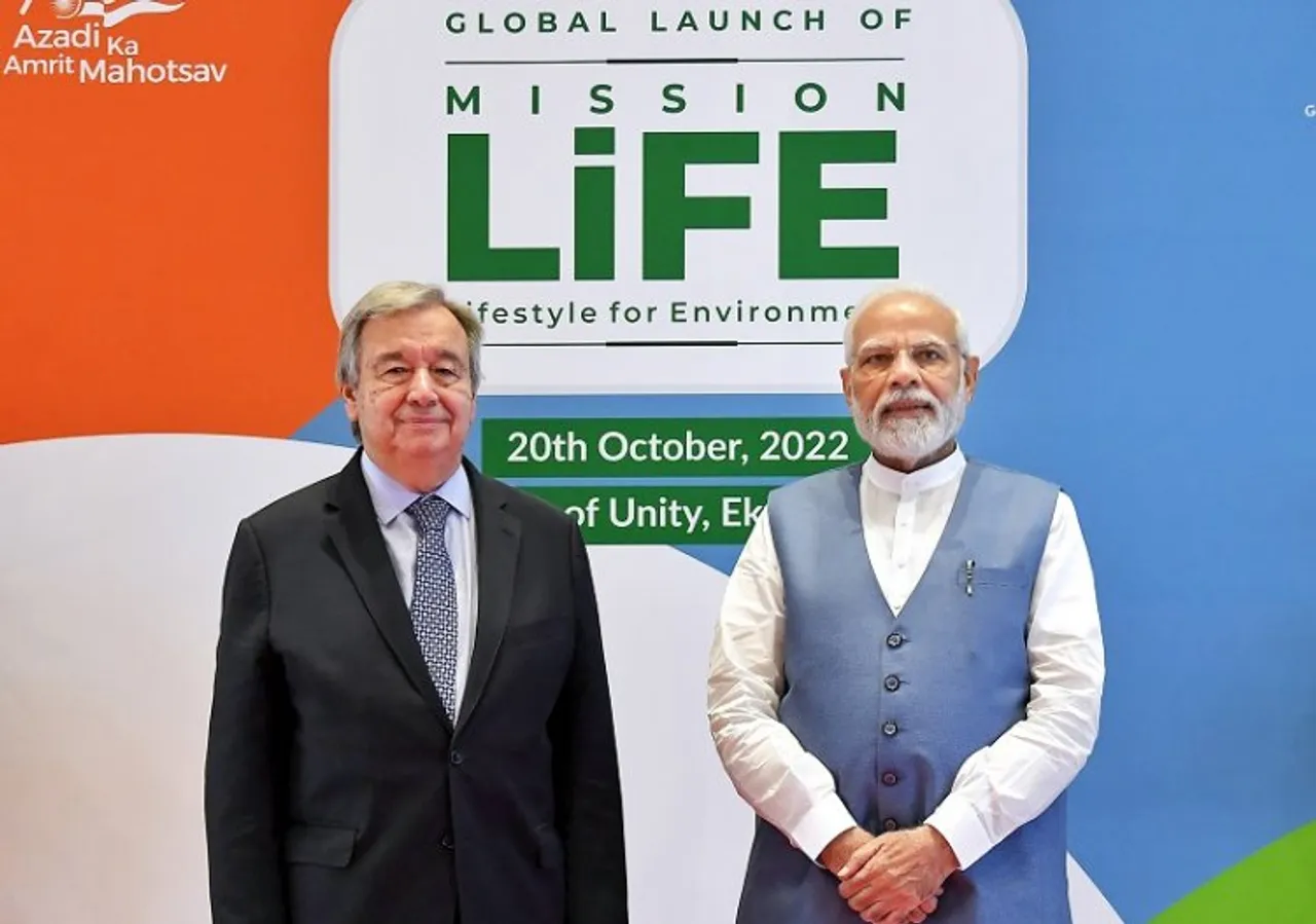 Prime Minister Narendra Modi with United Nations Secretary-General Antonio Guterres during the global launch of Mission LiFE, in Kevadia
