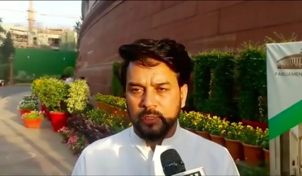 Anurag Thakur speaking outside parliament on action against toxic content