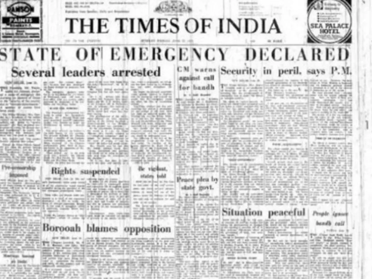 1975 Times of India front page