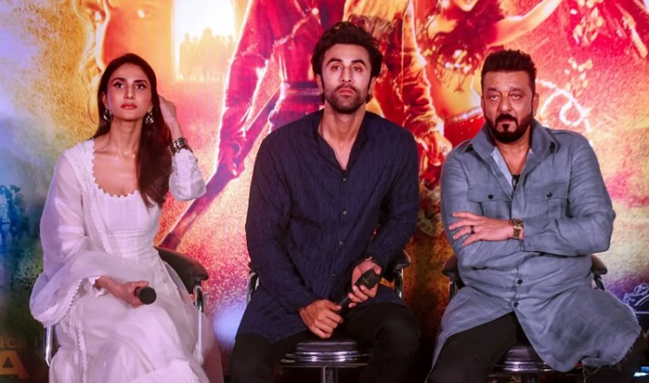 Bollywood actors Sanjay Dutt, Ranbir Kapoor and Vaani Kapoor arrive for the promotion of their upcoming movie Shamshera in Lucknow