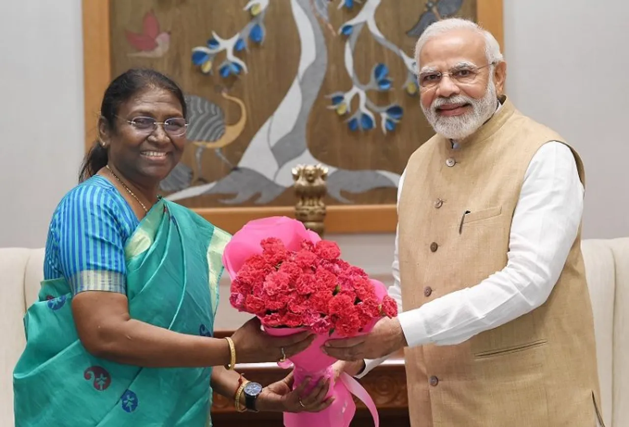 Prime Minister Narendra Modi with NDAs Presidential candidate Droupadi Murmu, in New Delhi,