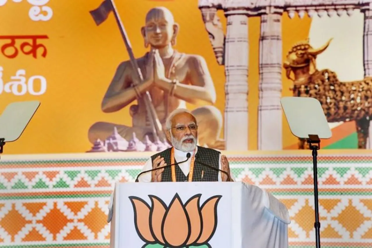 Prime Minister Narendra Modi addresses the concluding session of the BJPs National Executive meeting, in Hyderabad.