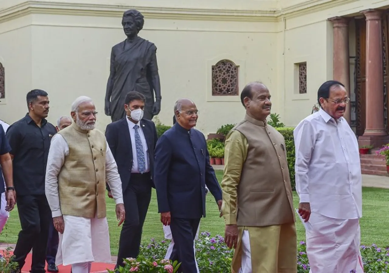 Outgoing President Ram Nath Kovind, Vice President Venkaiah Naidu, Prime Minister Narendra Modi, Lok Sabha Speaker Om Birla and others arrive in a ceremonial procession to attend the farewell function of the outgoing president, at Parliament House Complex in New Delhi