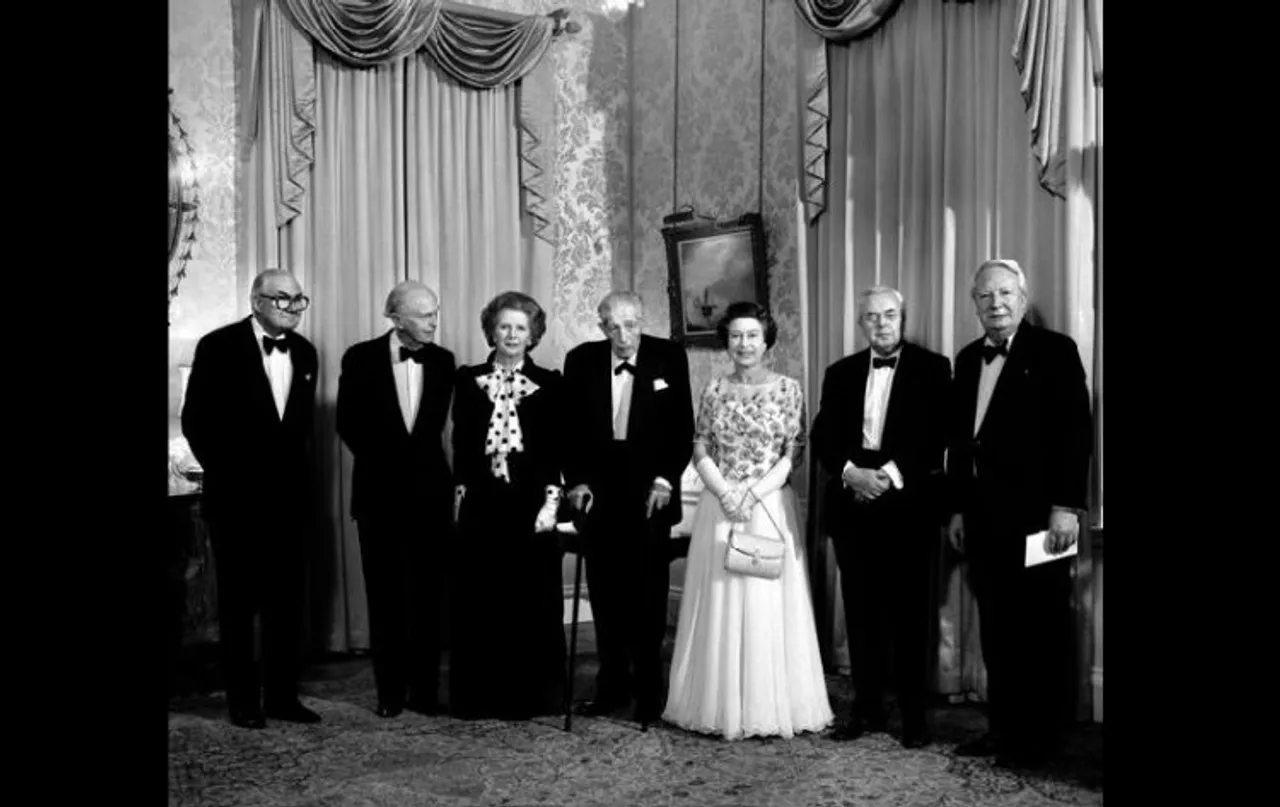 File photo dated 4/12/1985 of Margaret Thatcher joined by Queen Elizabeth II and five former PMs at 10 Downing Street, London, as the PM hosted a dinner celebrating the 250th anniversary of the residence becoming the London home of Prime Ministers. (L-R) James Callaghan, Lord Home, Harold Macmillan, Margaret Thatcher, Lord Stockton, the Queen, Lord Wilson and Edward Heath