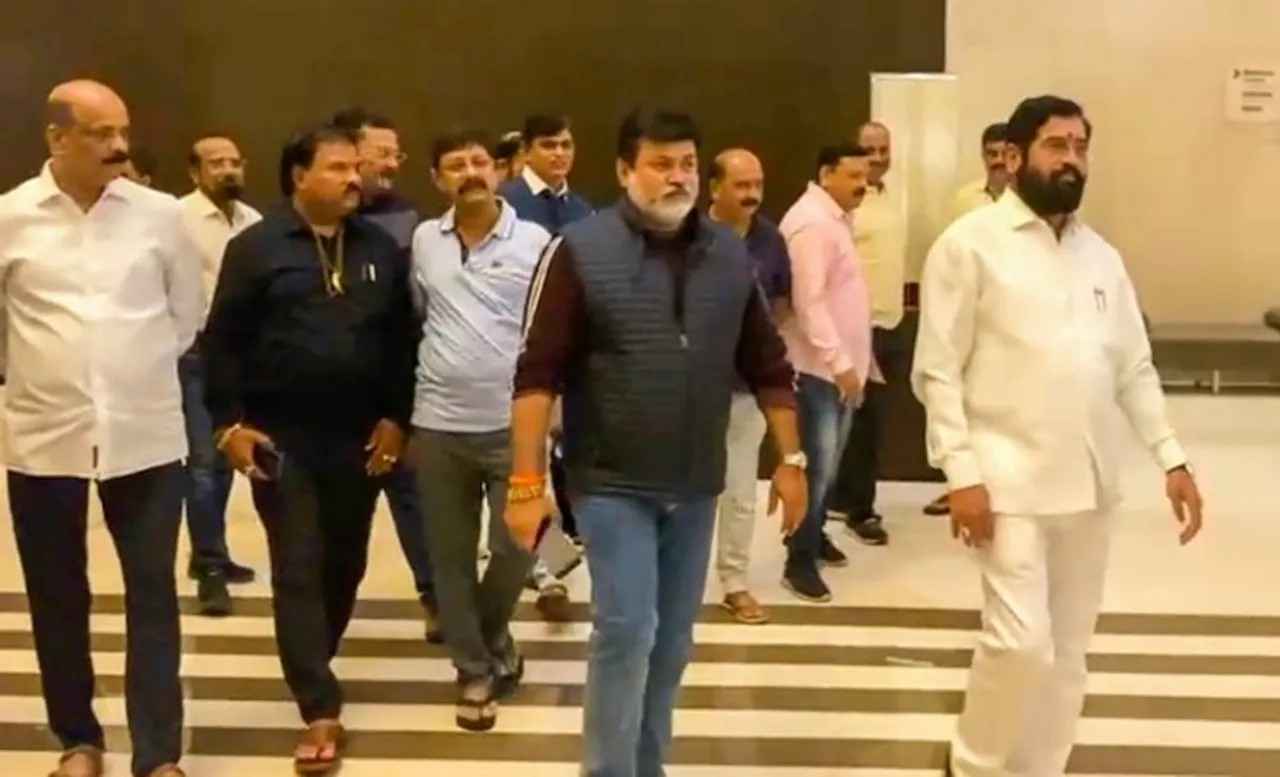 Maharashtra Minister of Higher and Technical Education Uday Samant with rebel Shiv Sena leader Eknath Shinde and other supporting MLAs, at Radisson Blu Hotel in Guwahati on Sunday