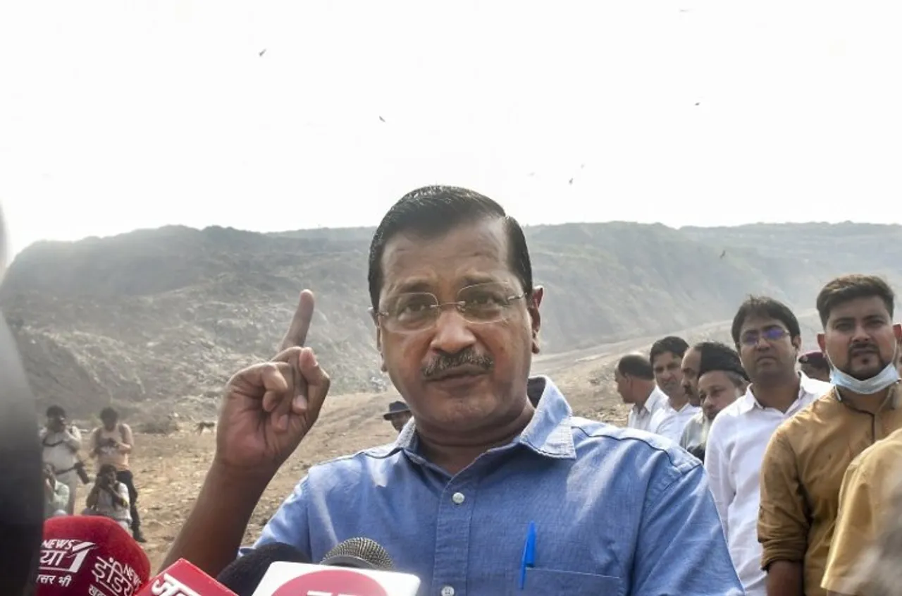 Delhi Chief Minister Arvind Kejriwal speaks to media during his visit to the Ghazipur landfill site, in New Delhi