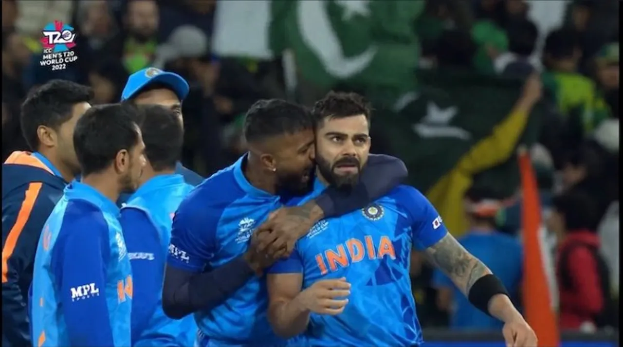 Hardik Pandya, Virat Kohli and other team members celebrating after winning against Pakistan