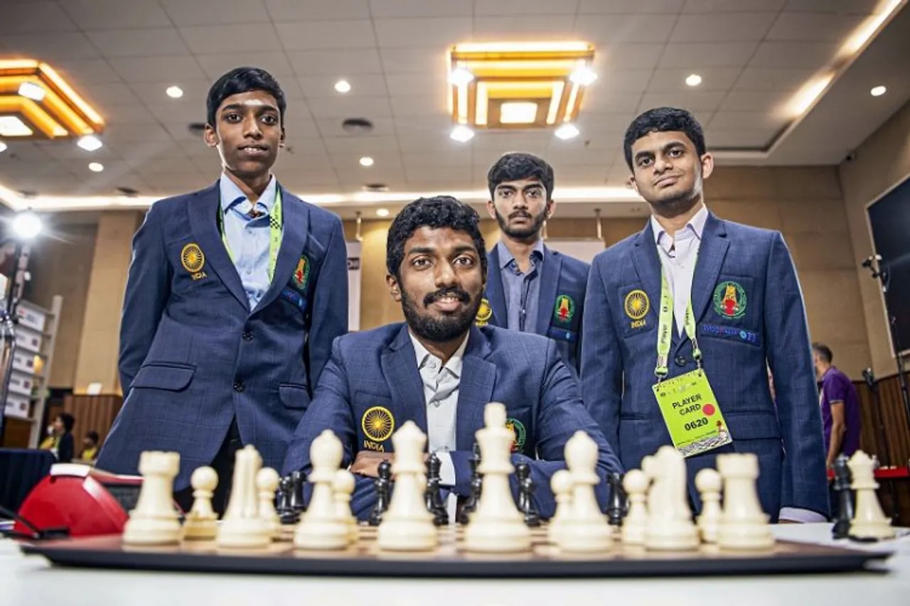 Members of India B team (L-R) Grandmaster (GM) Rameshbabu Praggnanandhaa, GM Adhiban Baskaran, GM Dommaraju Gukesh and GM Nihal Sarin during the 44th Chess Olympiad, at Mamallapuram near Chennai